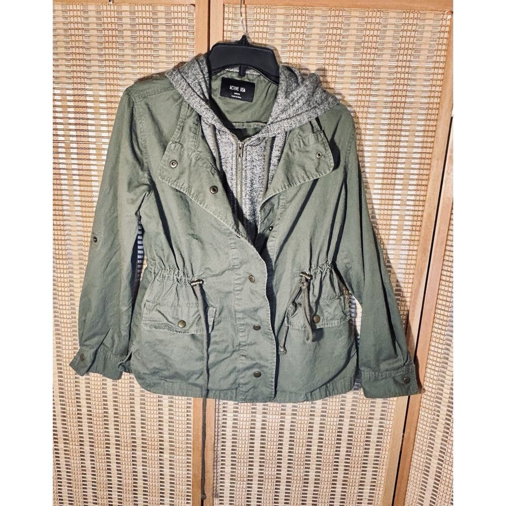 Acrive USA Green utility military Jacket Style coat double sweatshirt hoodie